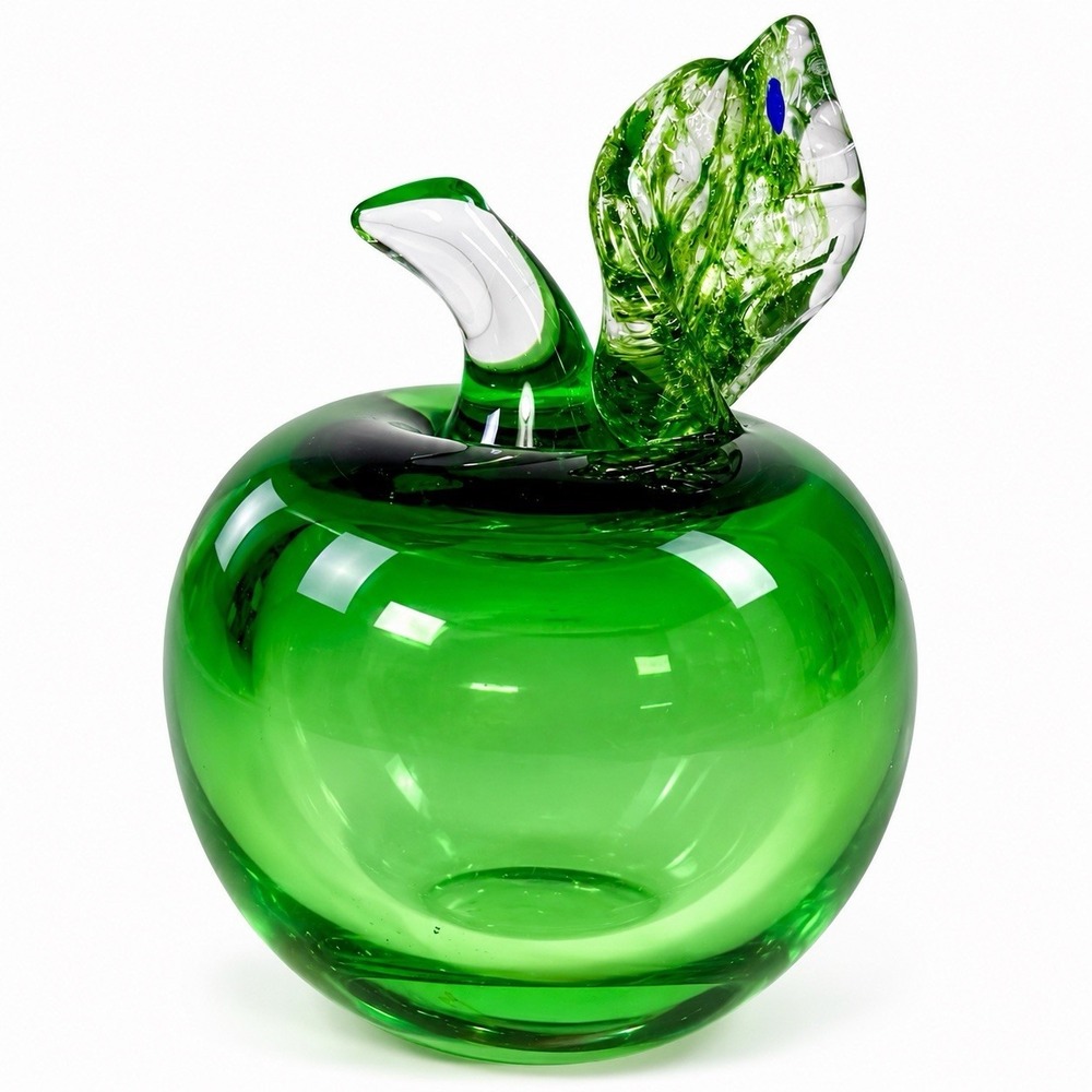 Vintage Adam Jablonski Green Crystal Art Glass Apple Paperweight Signed Poland